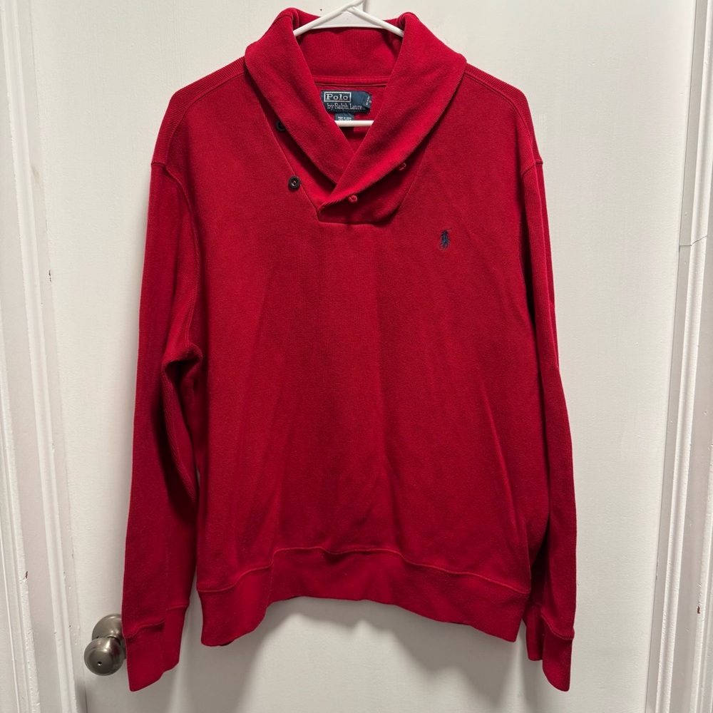 Vintage Mens Polo Ralph Lauren Sweater Size XL Red Cotton Shawl Collar Classic